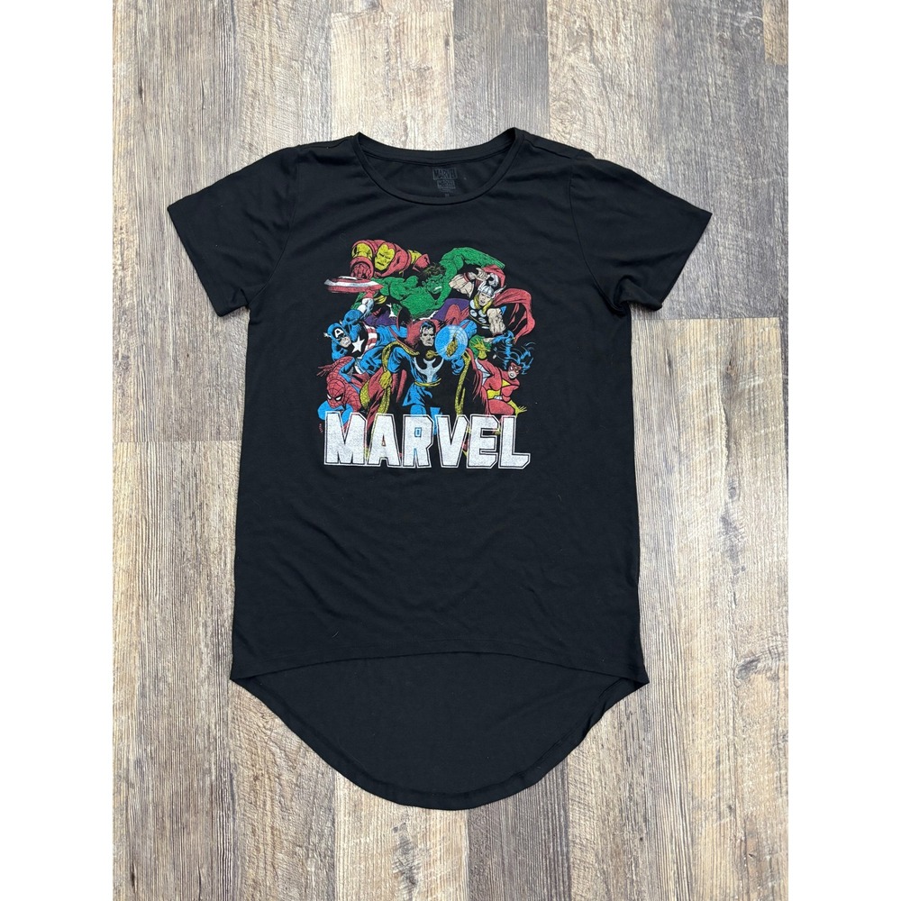 Marvel Comics Graphic T-Shirt Womens Medium Black‎ Avengers High Low Hem Tee